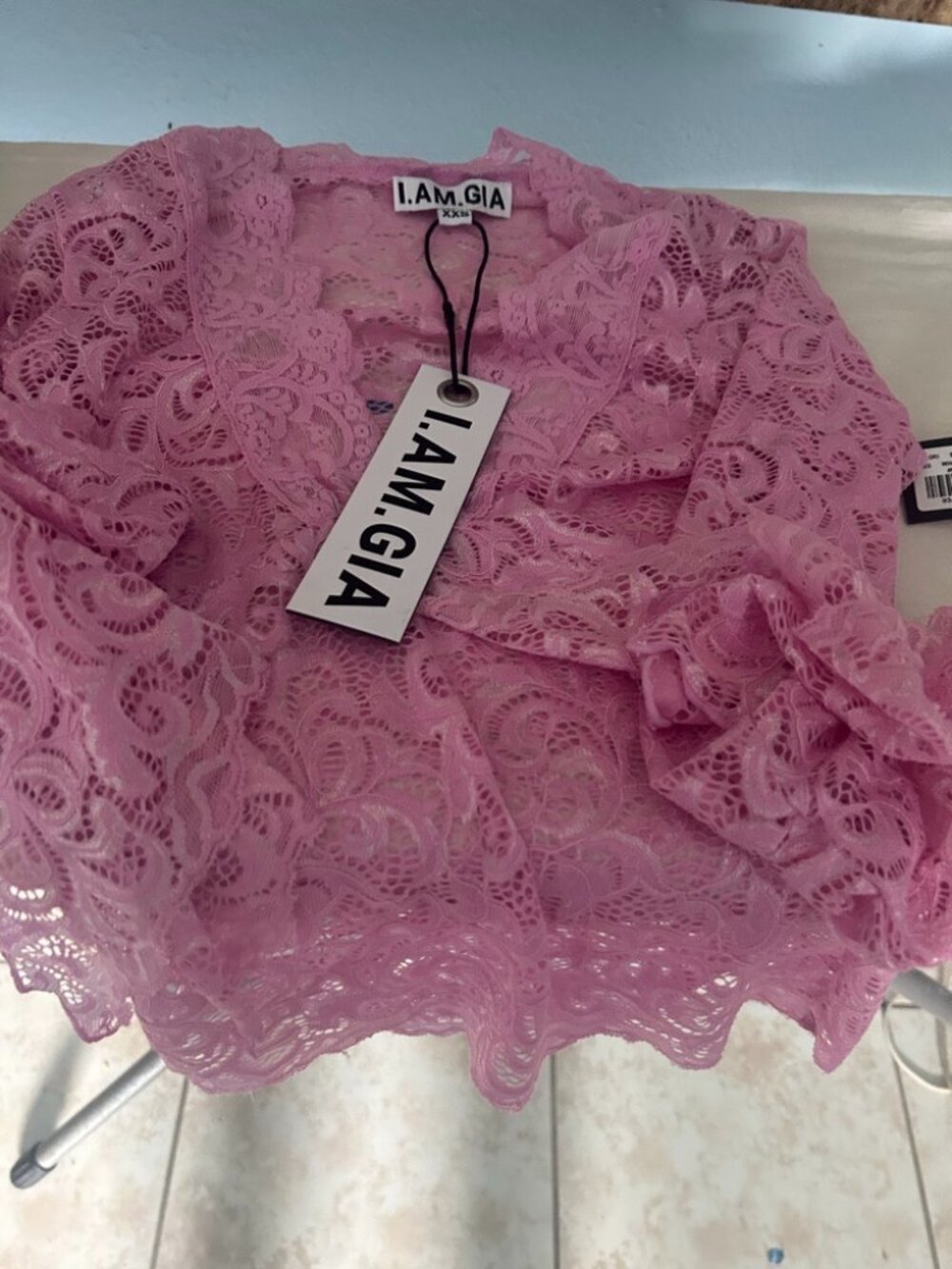 NWT I.AM.GIA Gemma Plunge Neck Semi-Sheer Pink Lace Top – XXS